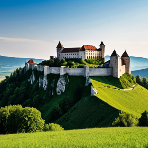 Home 15 A breathtaking wide-angle view of the majestic Spiš Castle ruins, a "sleeping giant" dramatically dominating the sprawling green Slovakian landscape. The ancient fortress, an imposing silhouette under a vast, open sky, showcases its immense scale with diverse architectural layers where Romanesque foundations blend into grand Gothic and Renaissance structures. Emphasize the weathered stone and the castle's timeless resilience against the backdrop of rolling hills and distant, picturesque villages. Perfect anatomy, correct proportions, natural pose, safe for work, appropriate content, fully clothed, professional photography, cinematic lighting, ultra-detailed, high-resolution.