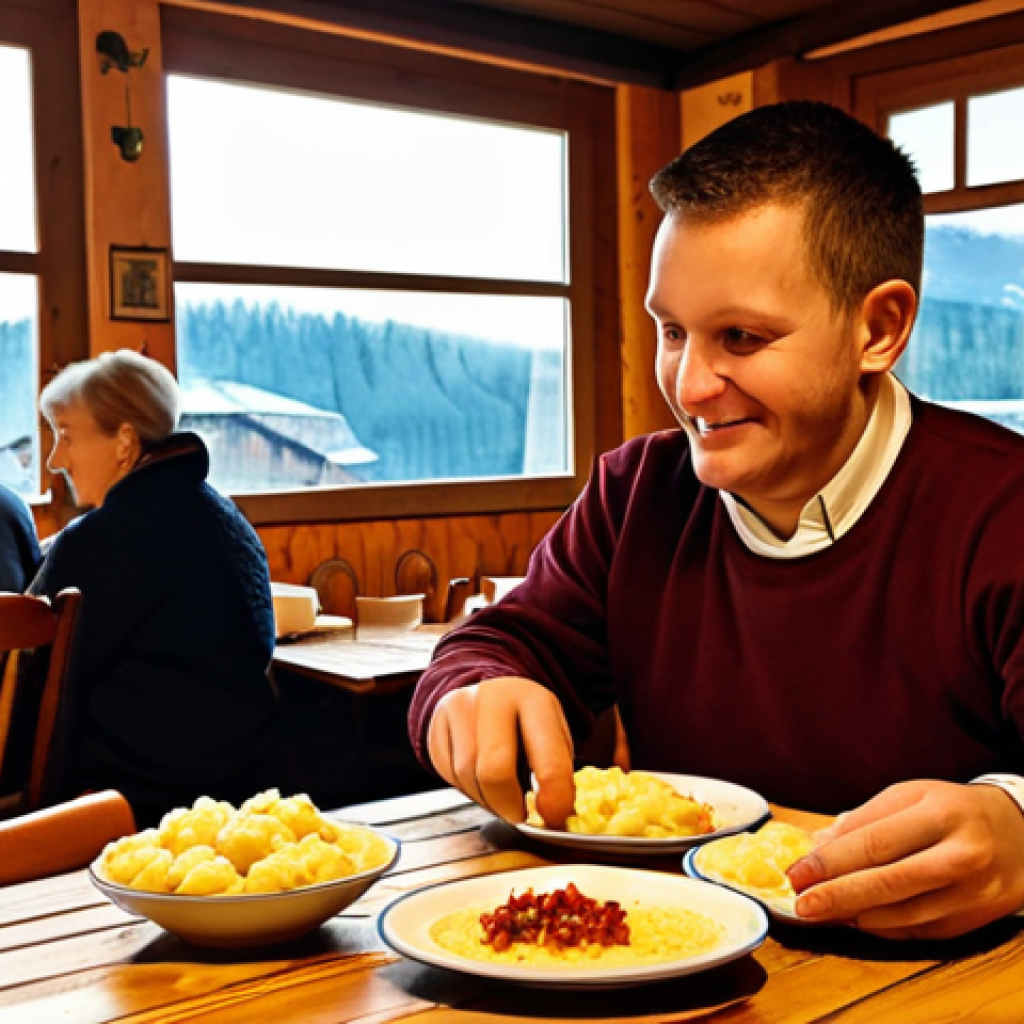 Bryndzové Halušky at a Koliba**

"A rustic wooden table in a traditional "koliba" (Slovak restaurant), set with a plate of Bryndzové Halušky (potato dumplings with sheep cheese and bacon). The dish is steaming slightly. Background shows traditional Slovakian decor.  Fully clothed patrons are enjoying their meal in the soft, warm light. Safe for work, appropriate content, professional photography, modest setting, family-friendly."

**