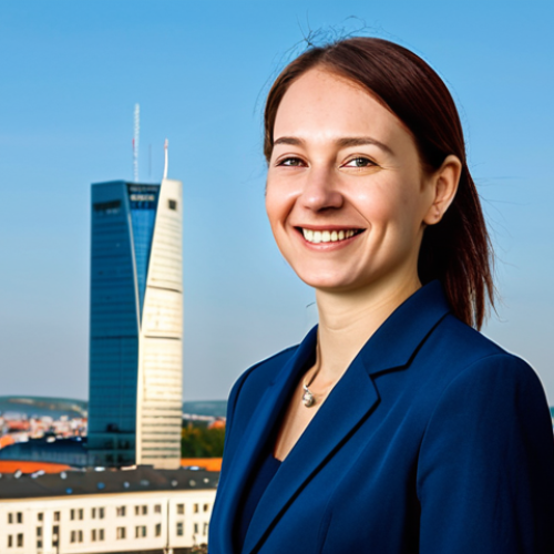 Home 7 **
"A professional businesswoman in a modest, dark blue business suit, standing in front of the modern skyline of Bratislava, Slovakia. She is smiling confidently. Fully clothed, appropriate attire, safe for work, perfect anatomy, natural proportions, professional photography, high quality, family-friendly."
**