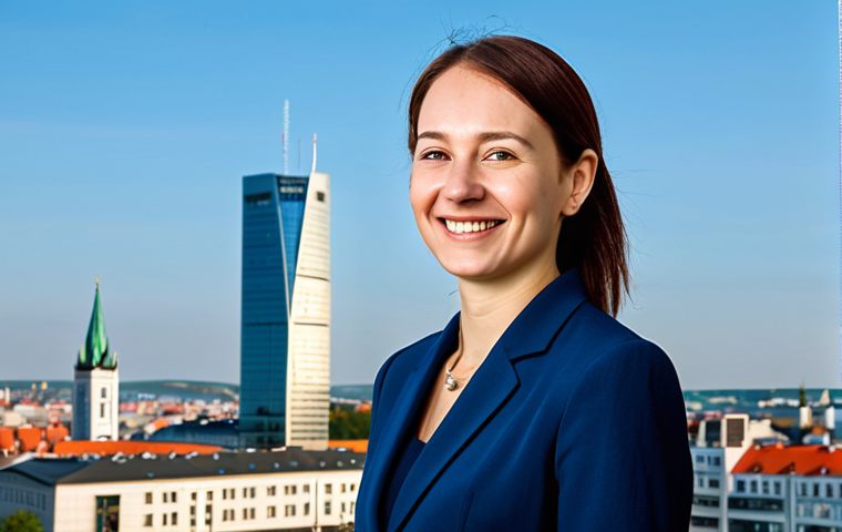 **

"A professional businesswoman in a modest, dark blue business suit, standing in front of the modern skyline of Bratislava, Slovakia. She is smiling confidently. Fully clothed, appropriate attire, safe for work, perfect anatomy, natural proportions, professional photography, high quality, family-friendly."

**