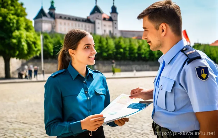 슬로바키아 경찰 신고 방법 - **Prompt:** A Portuguese female traveler in her late 20s, dressed in a smart casual long-sleeved blo...