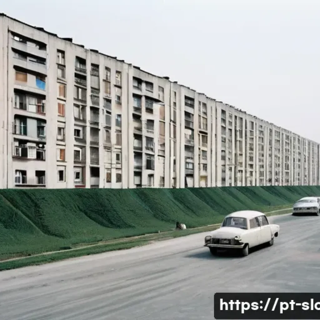슬로바키아 공산주의 시절 영향 - **Prompt: "A street scene in the Petržalka district of Bratislava during the late 1970s or early 198...