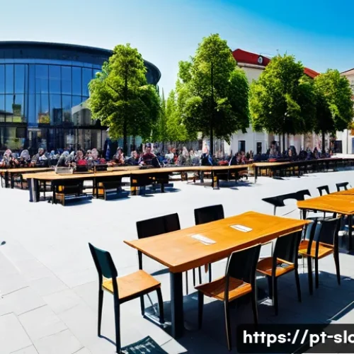 Home 27 슬로바키아 유럽연합과 경제 협력 - **Slovakian Crossroads of Opportunity:** A vibrant, wide-angle shot of a modern, bustling city squar...