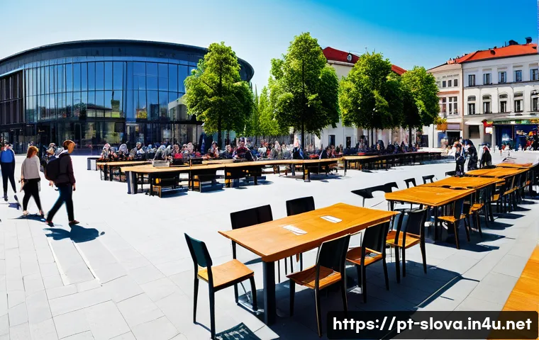 슬로바키아 유럽연합과 경제 협력 - **Slovakian Crossroads of Opportunity:** A vibrant, wide-angle shot of a modern, bustling city squar...