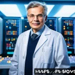 슬로바키아 노벨상 수상자 리스트 - A detailed portrait of a Slovak Nobel laureate physicist in a modern laboratory setting, surrounded ...