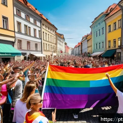 슬로바키아 LGBTQ 권리 현황 - A vibrant urban scene in Bratislava during an LGBTQ Pride march, showcasing a diverse crowd of young...