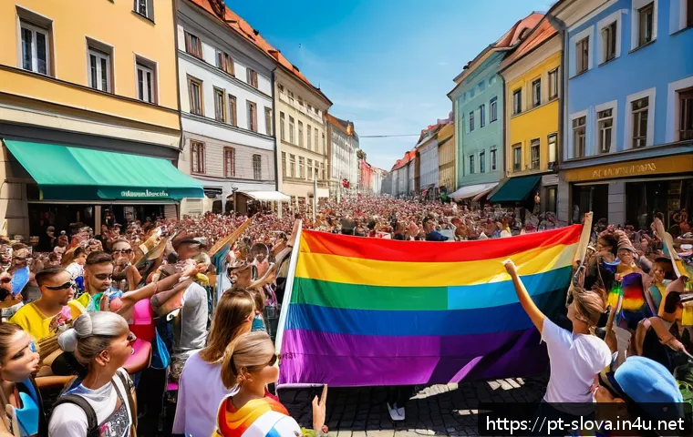슬로바키아 LGBTQ 권리 현황 - A vibrant urban scene in Bratislava during an LGBTQ Pride march, showcasing a diverse crowd of young...