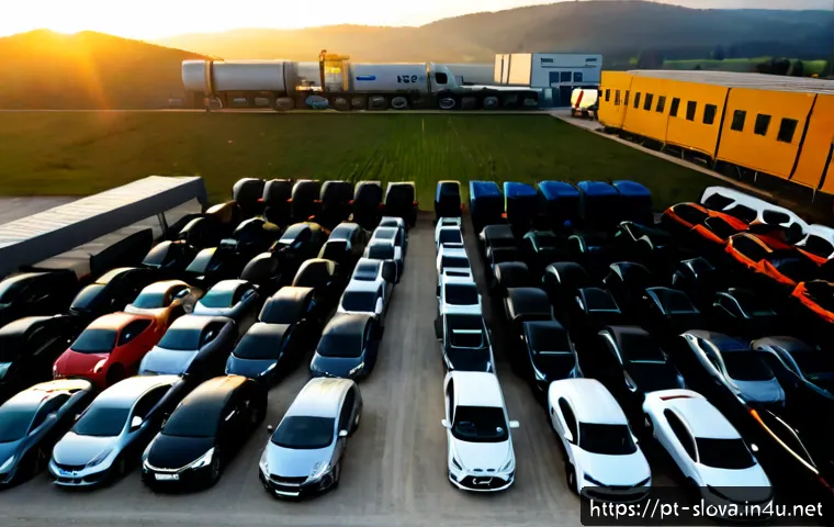 Home 17 슬로바키아 주요 수출 품목 - Photorealistic wide-angle view of a modern Slovak automotive manufacturing plant at sunrise, rows of...
